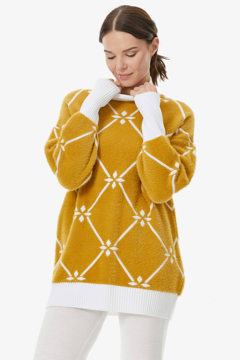 Yarım Balıkçı Baklava Desen Triko Kazak - Beyaz - Hardal (2) Sementa