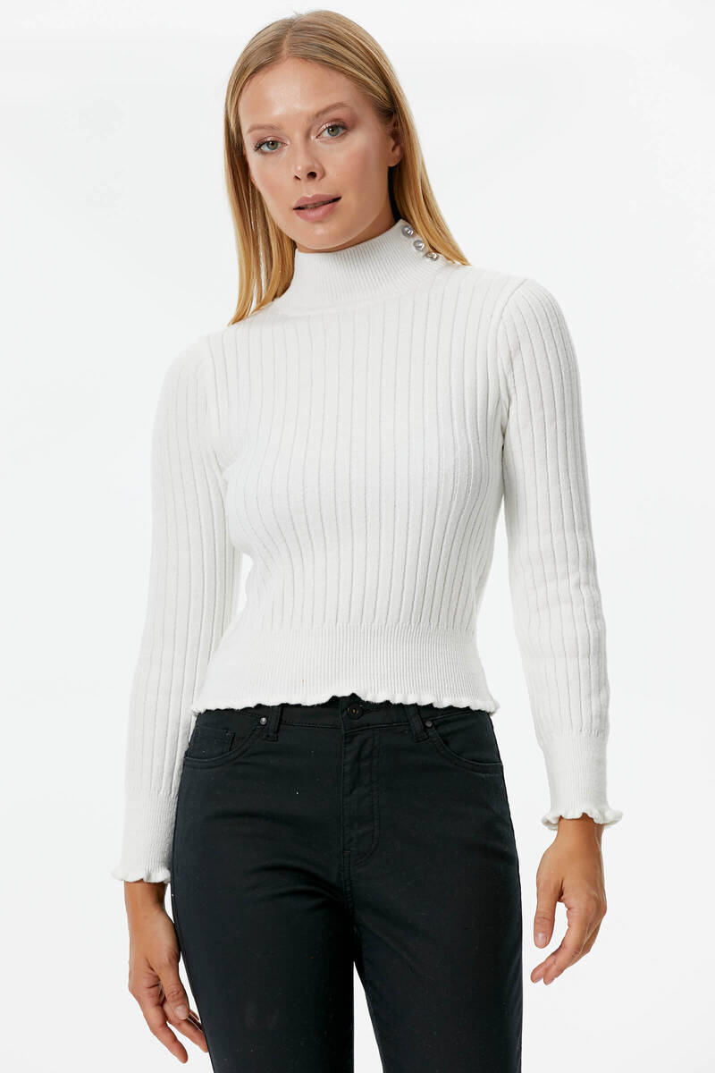 Yarım Balıkçı Düğmeli Derbili Triko Kazak - Kemik (2) Sementa