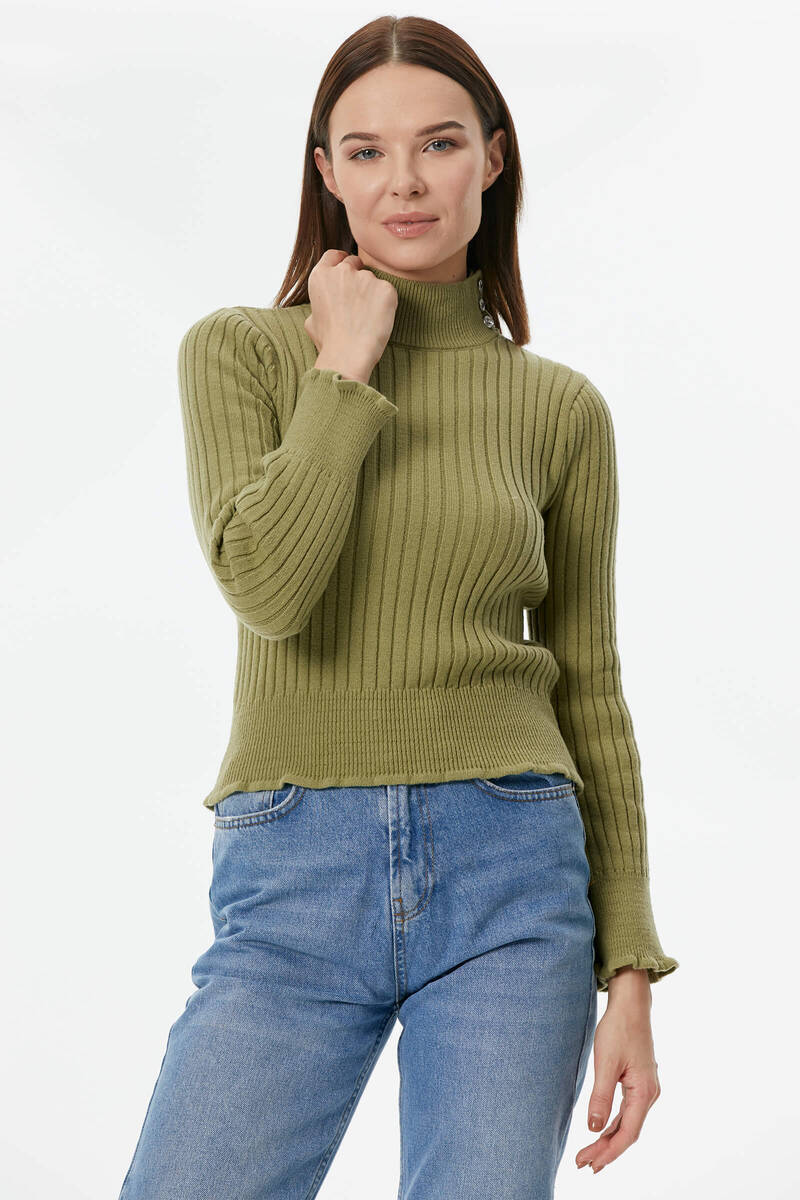 Yarım Balıkçı Düğmeli Derbili Triko Kazak - Yeşil (1) Sementa