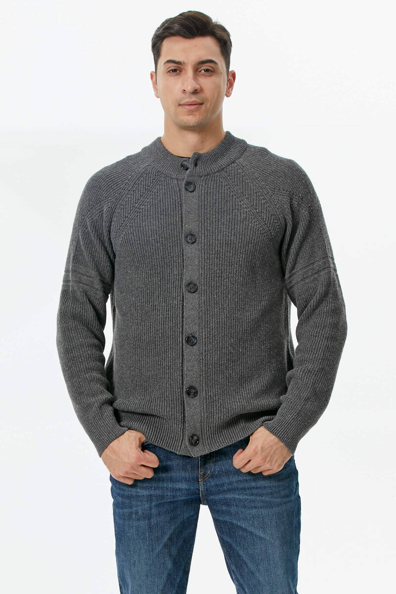 Yarım Balıkçı Düğmeli Triko Hırka - Koyu Gri (1) Sementa