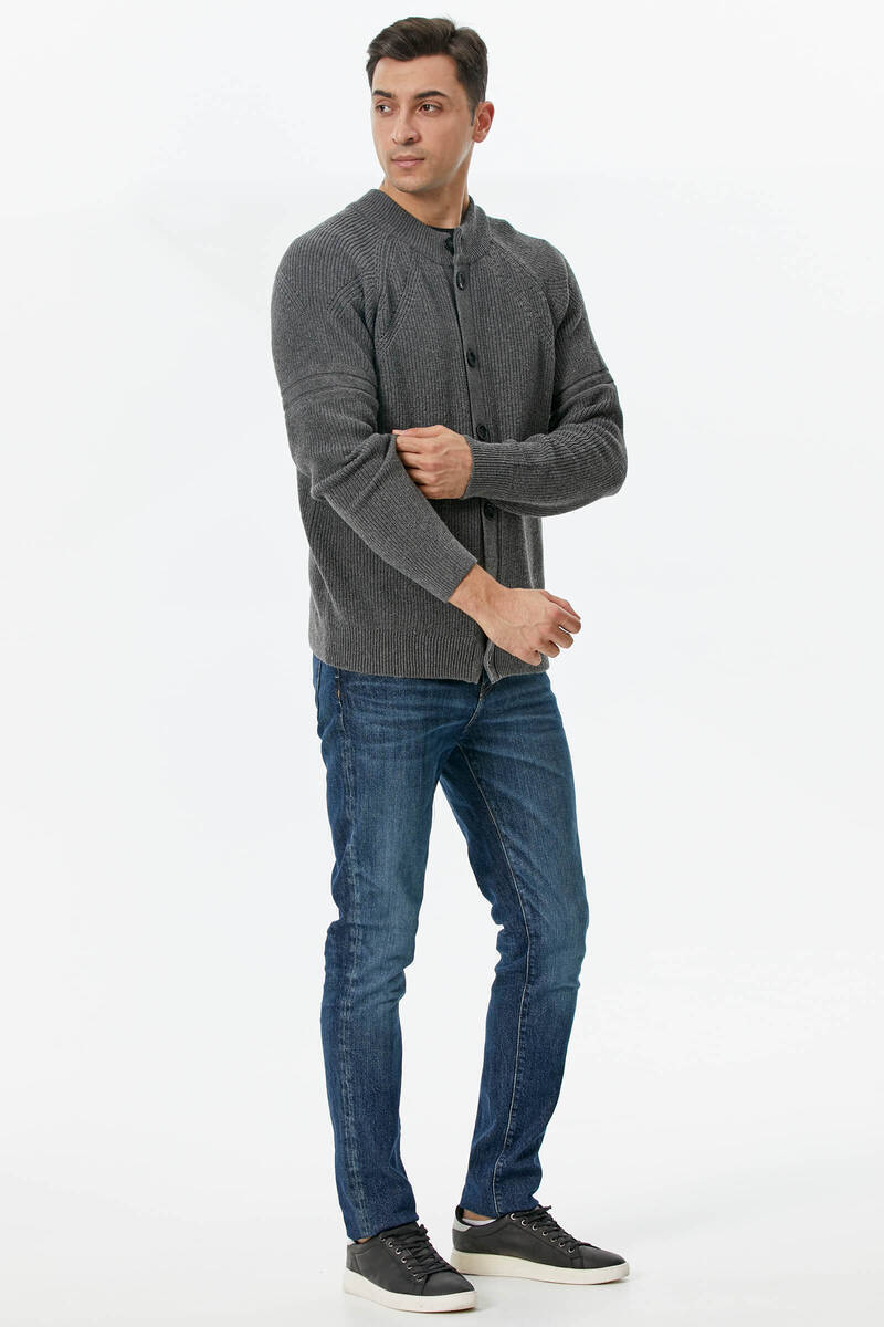 Yarım Balıkçı Düğmeli Triko Hırka - Koyu Gri (3) Sementa