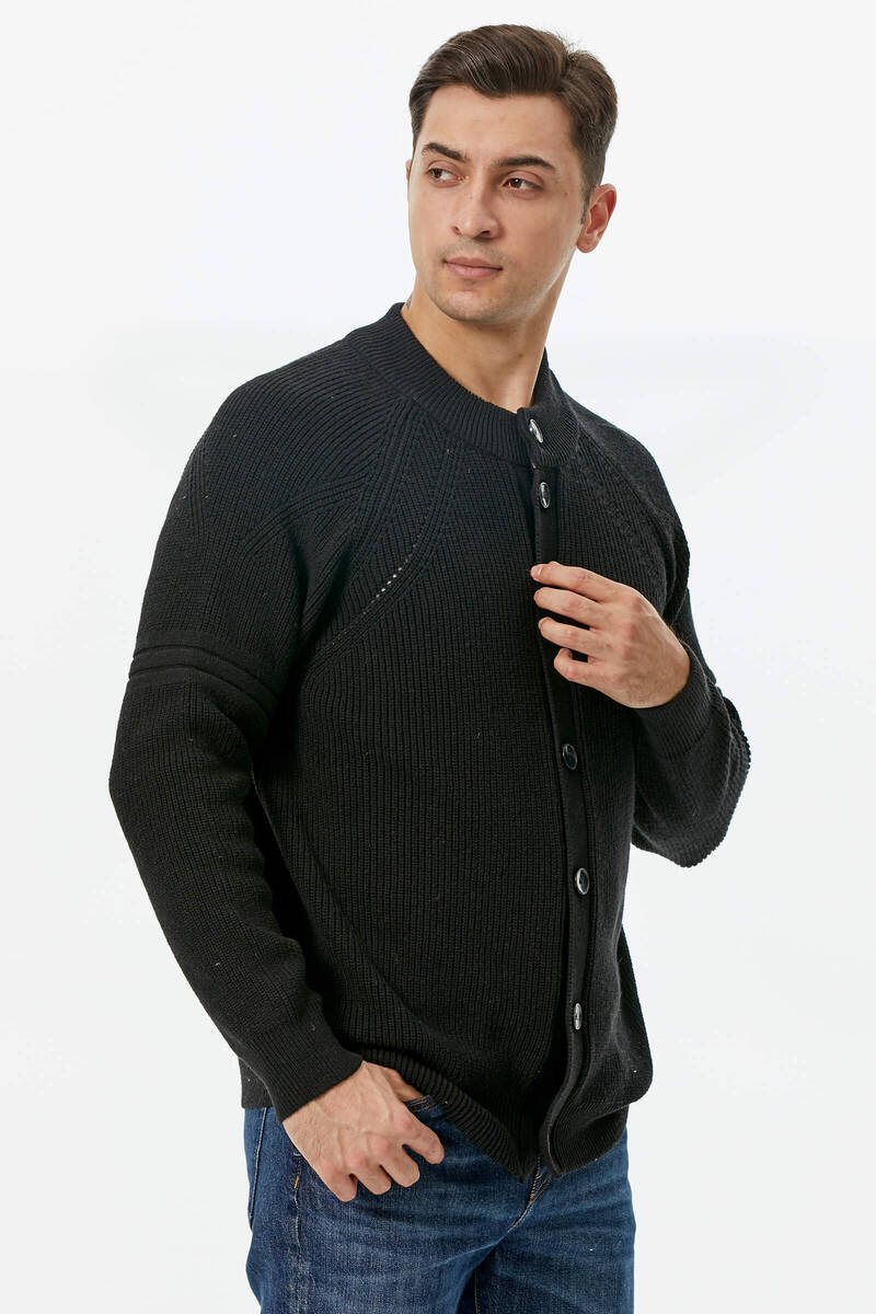 Yarım Balıkçı Düğmeli Triko Hırka - Siyah (3) Sementa