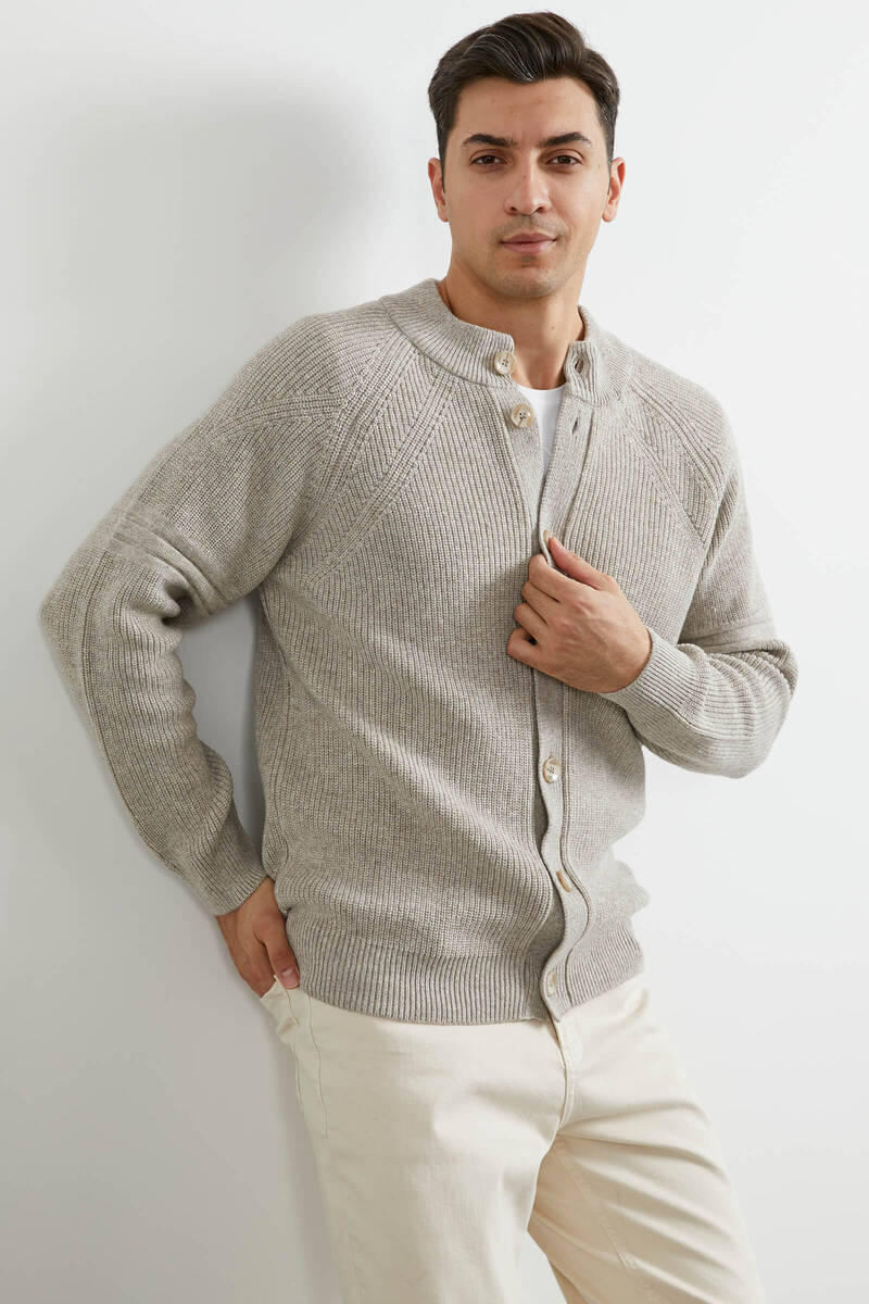 Yarım Balıkçı Düğmeli Triko Hırka - Vizon (1) Sementa