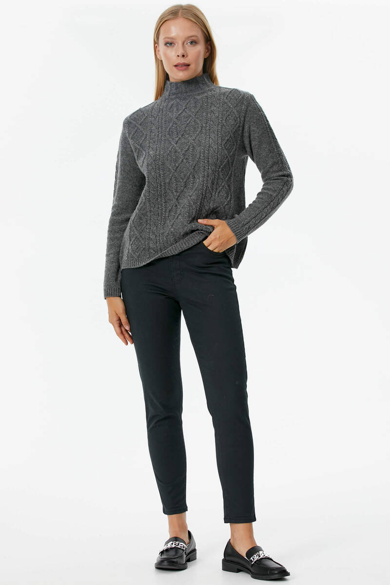 Yarım Balıkçı Saç Örgülü Triko Kazak - Koyu Gri (2) Sementa