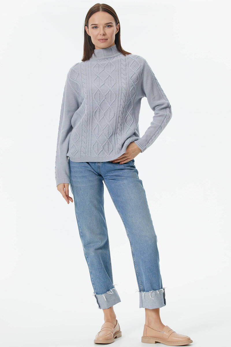Yarım Balıkçı Saç Örgülü Triko Kazak - Mavi (2) Sementa