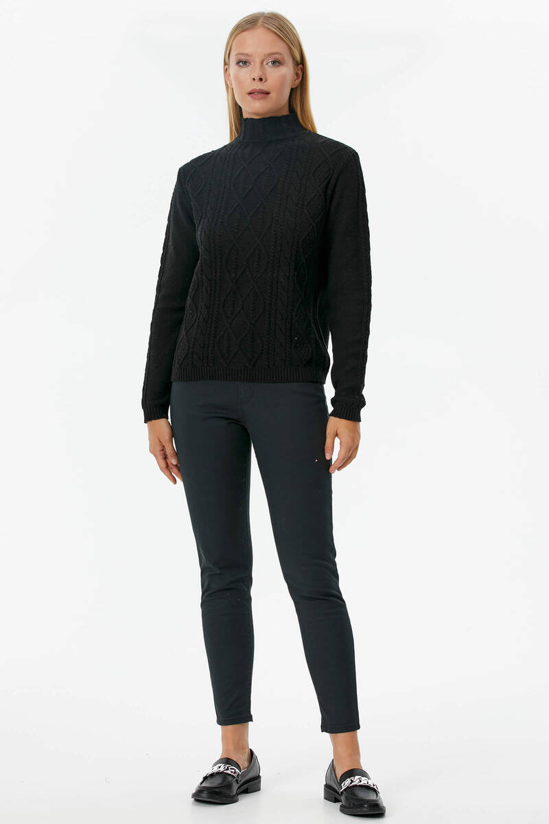 Yarım Balıkçı Saç Örgülü Triko Kazak - Siyah (1) Sementa