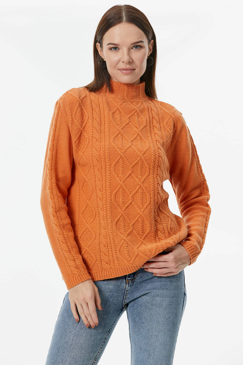 Yarım Balıkçı Saç Örgülü Triko Kazak - Taba (1) Sementa