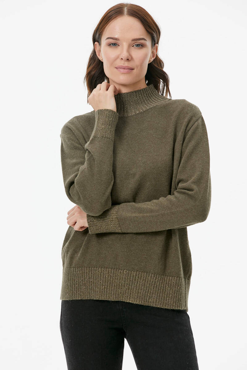 Yarım Balıkçı Sim Detaylı Triko Kazak - Haki (2) Sementa