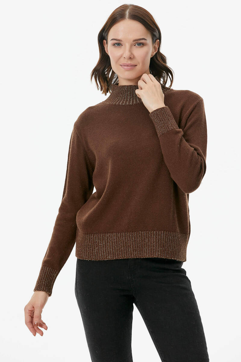 Yarım Balıkçı Sim Detaylı Triko Kazak - Kahve (1) Sementa