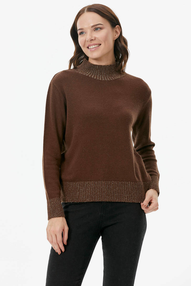 Yarım Balıkçı Sim Detaylı Triko Kazak - Kahve (2) Sementa