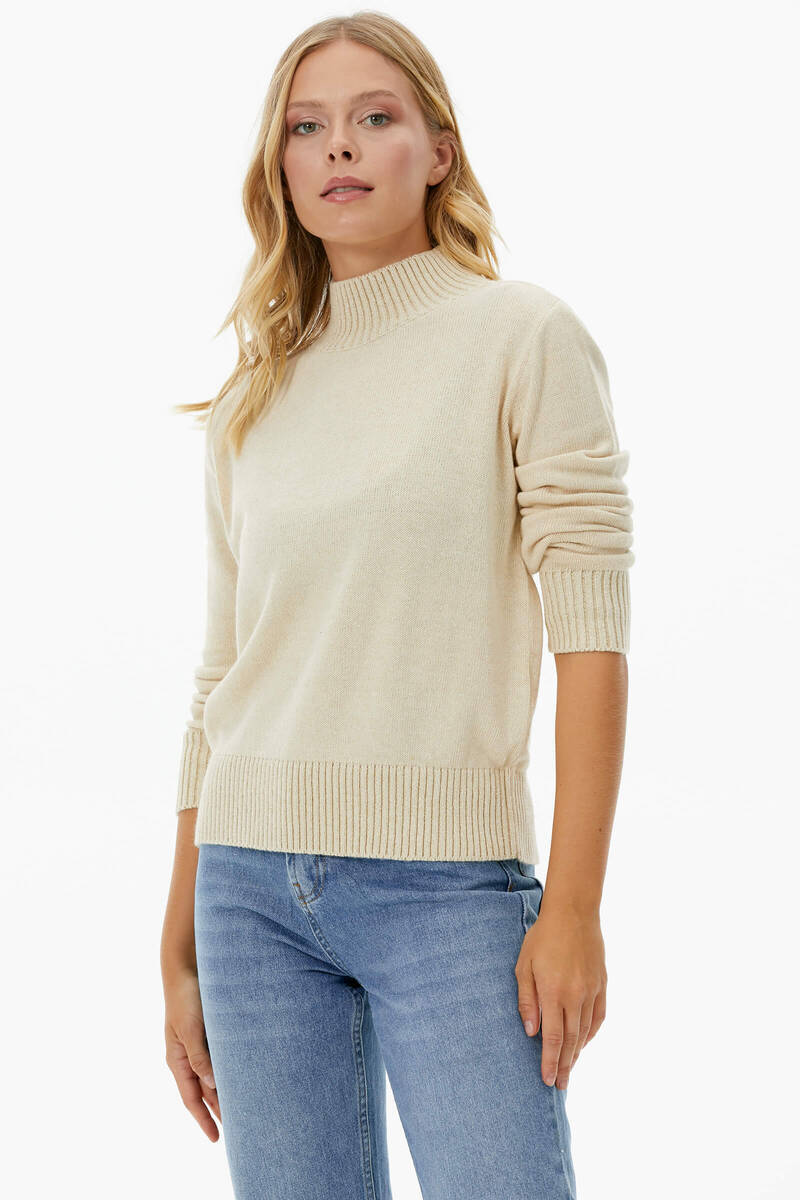 Yarım Balıkçı Sim Detaylı Triko Kazak - Kemik (1) Sementa