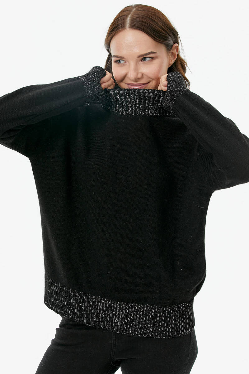 Yarım Balıkçı Sim Detaylı Triko Kazak - Siyah (1) Sementa