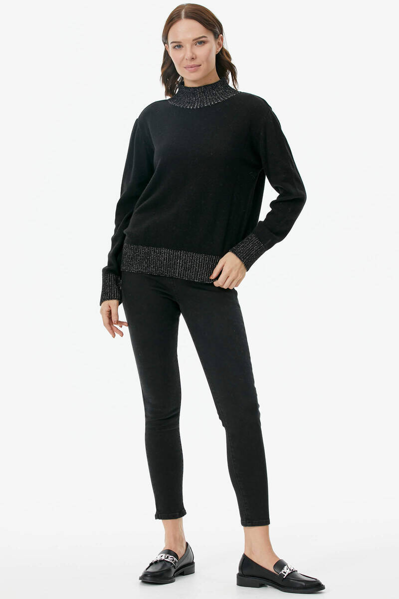 Yarım Balıkçı Sim Detaylı Triko Kazak - Siyah (2) Sementa