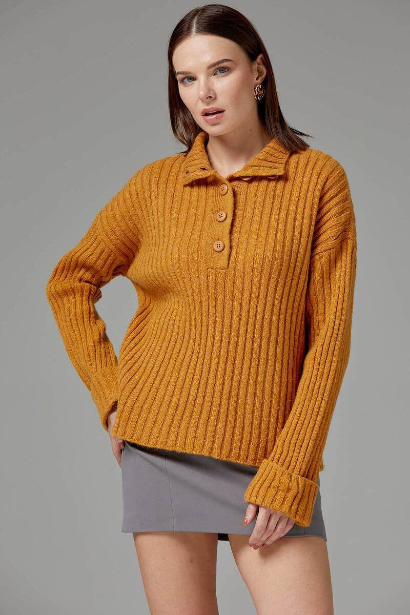 Yarım Balıkçı Yaka Düğmeli Kazak - Güneş (1) Sementa