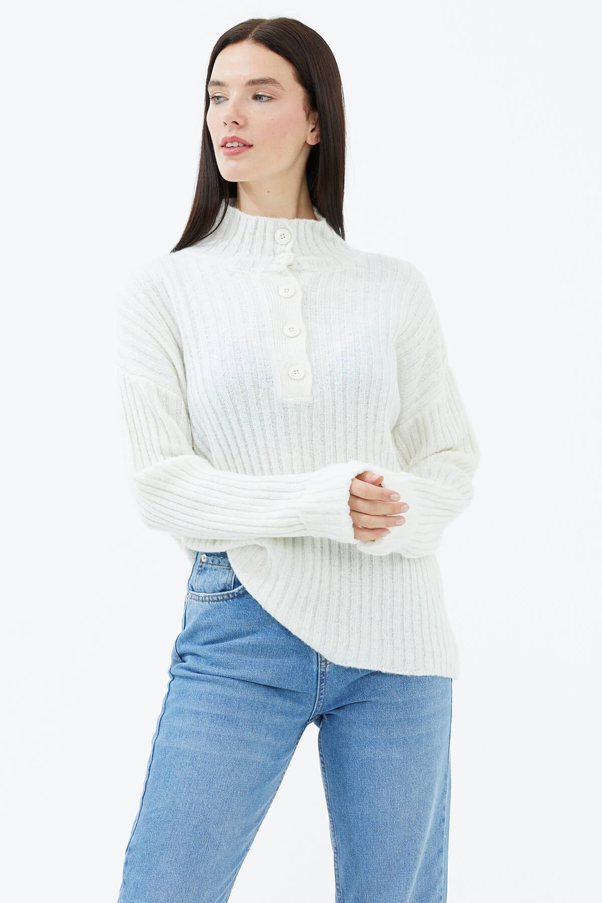 Yarım Balıkçı Yaka Düğmeli Kazak - Kemik (2) Sementa