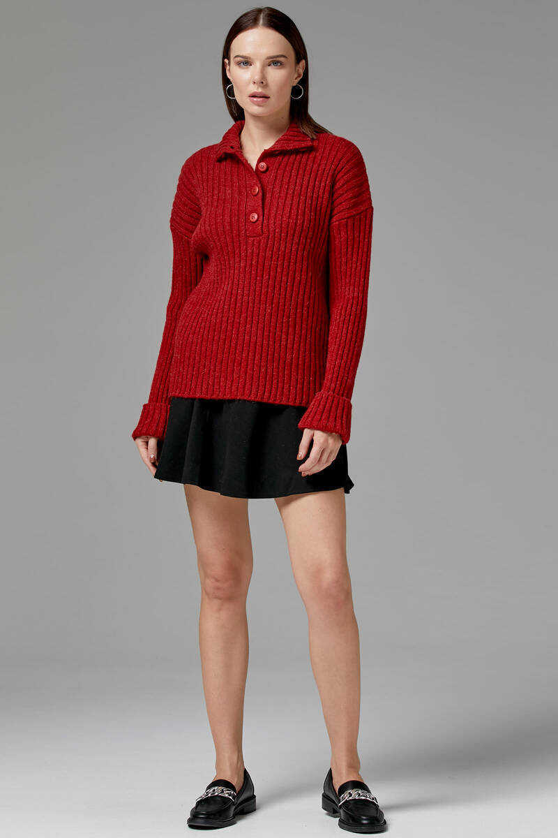 Yarım Balıkçı Yaka Düğmeli Kazak - Kırmızı (2) Sementa