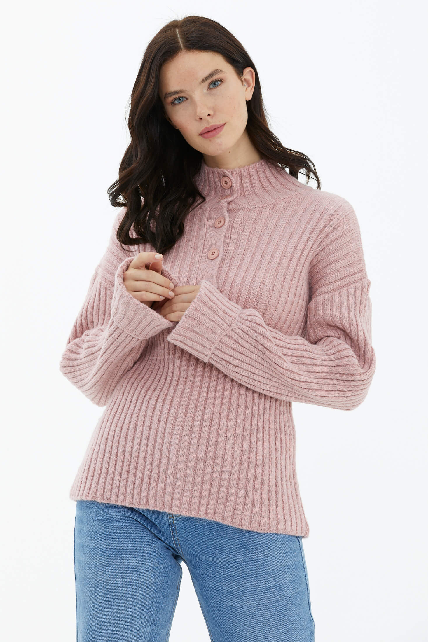 Yarım Balıkçı Yaka Düğmeli Kazak - Pembe (2) Sementa