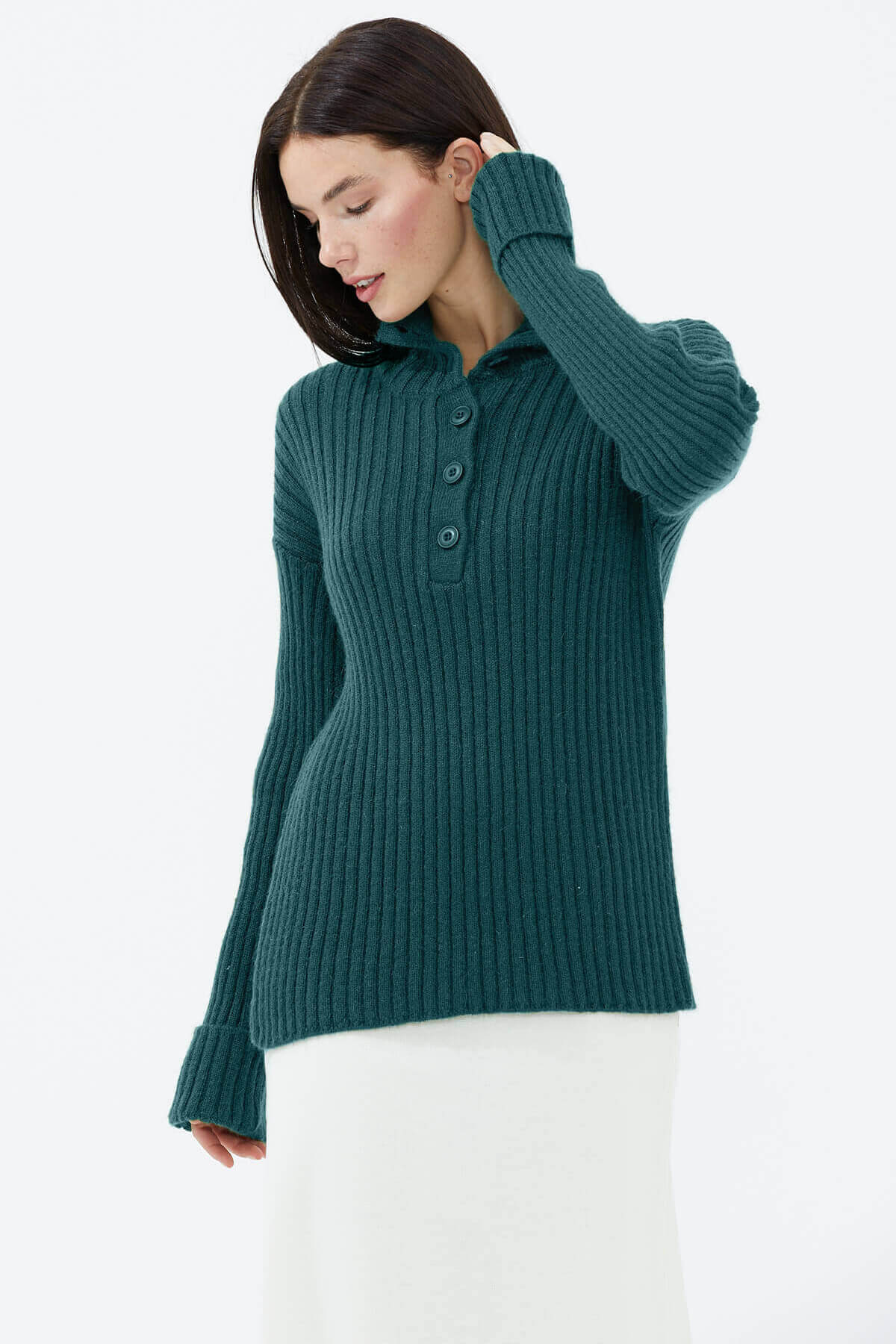 Yarım Balıkçı Yaka Düğmeli Kazak - Su Yeşili (1) Sementa