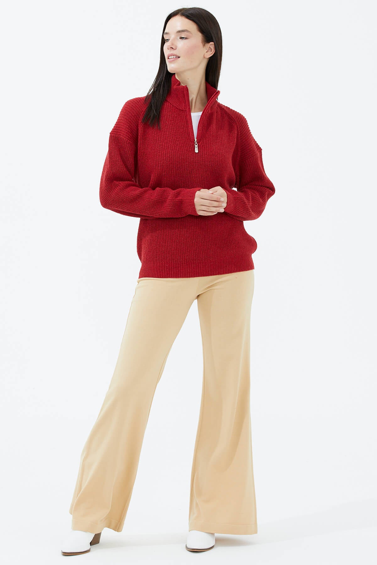 Yarım Balıkçı Yaka Fermuarlı Triko Kazak - Kırmızı (2) Sementa