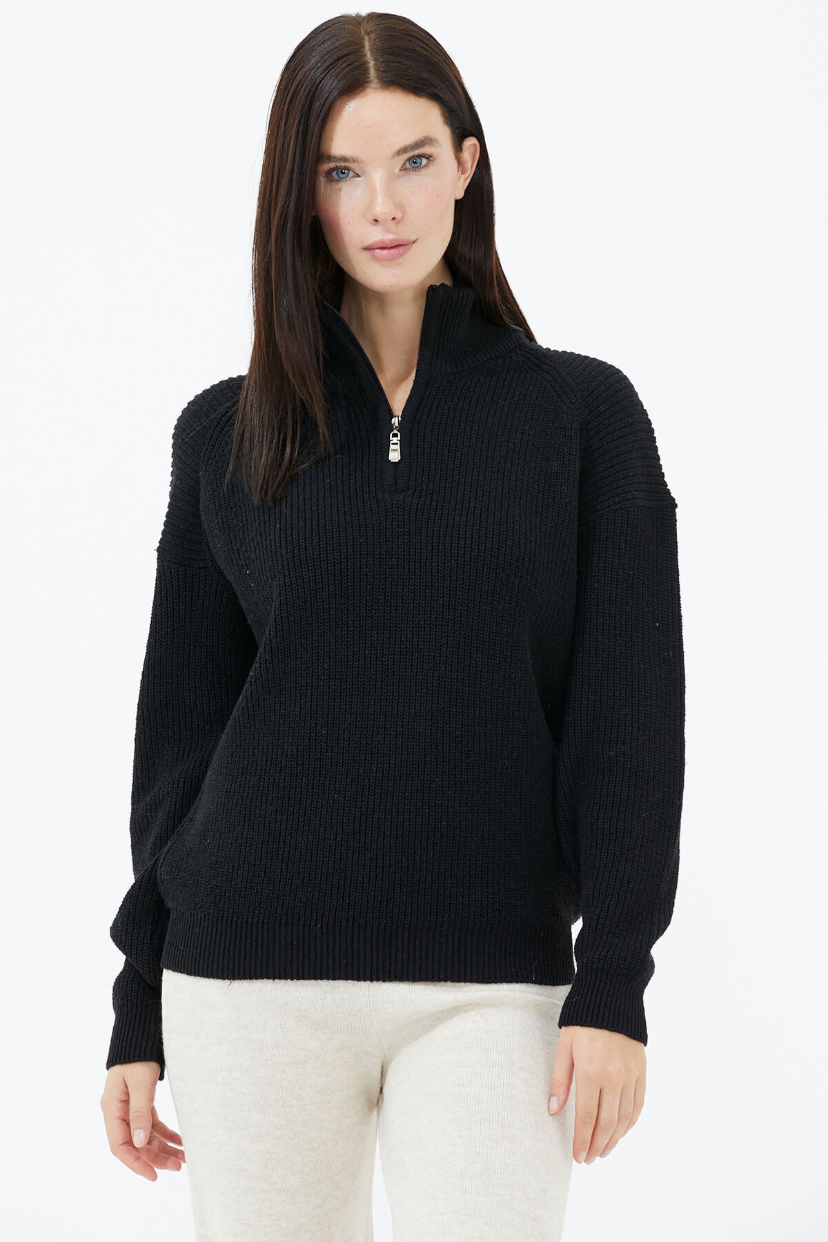 Yarım Balıkçı Yaka Fermuarlı Triko Kazak - Siyah (2) Sementa