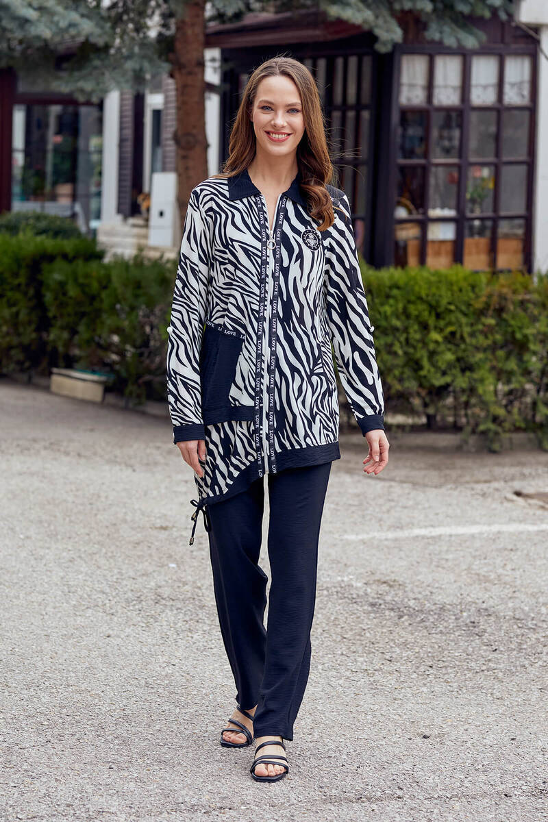 Zebra Desen Rahat Kalıp Krep Takım - Siyah (1) Sementa