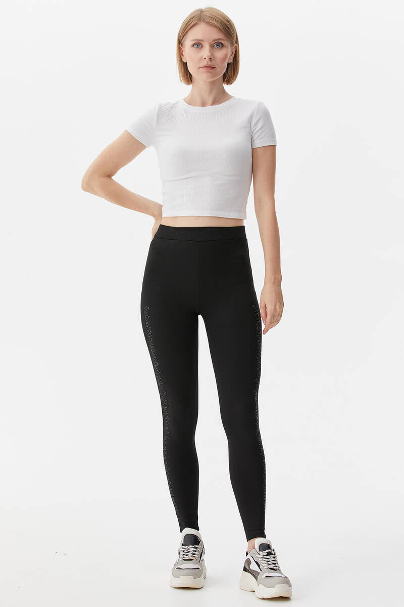 Zig Zag Taş Detaylı Tayt - Siyah (1) Sementa