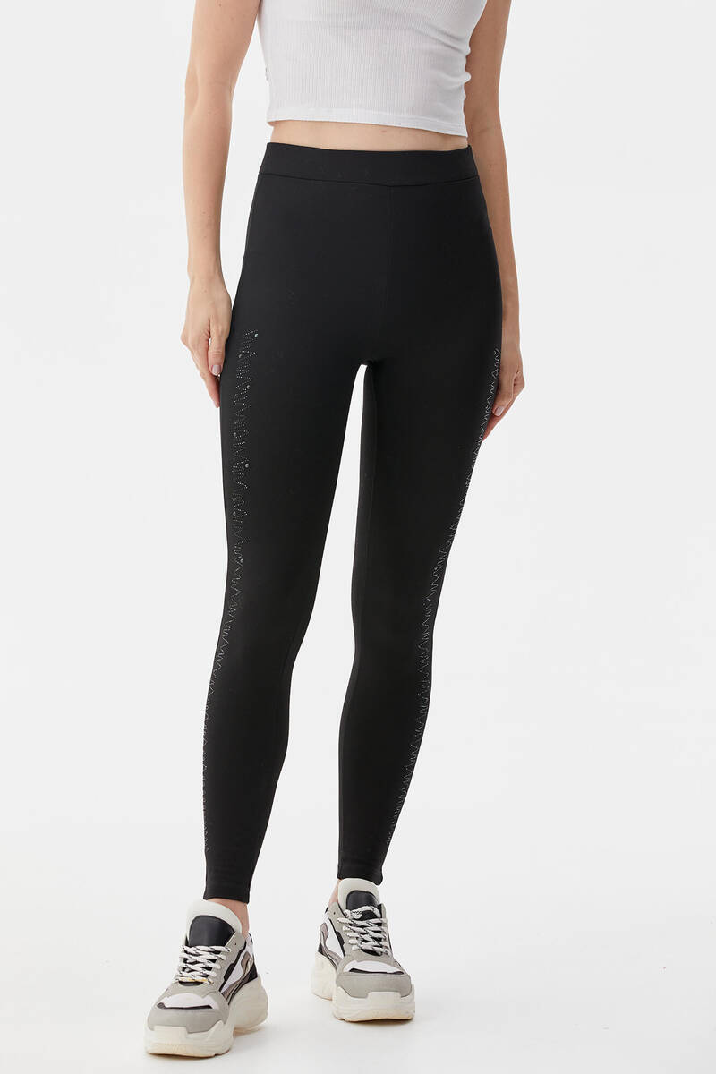 Zig Zag Taş Detaylı Tayt - Siyah (2) Sementa