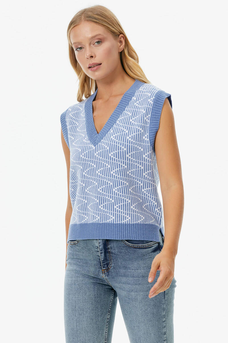 Zikzak Desenli Triko Süveter - Mavi (2) Sementa