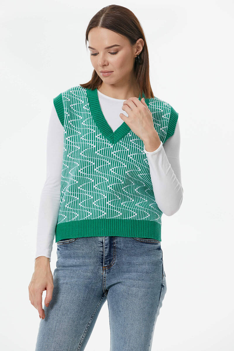 Zikzak Desenli Triko Süveter - Yeşil (2) Sementa