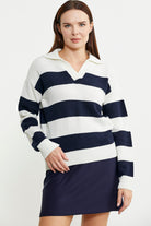 Açık Polo Yaka Çizgili Yünlü Triko Kazak - Kemik - Sementa