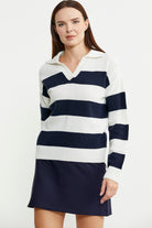 Açık Polo Yaka Çizgili Yünlü Triko Kazak - Kemik - Sementa