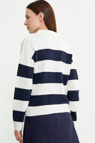 Açık Polo Yaka Çizgili Yünlü Triko Kazak - Kemik - Sementa