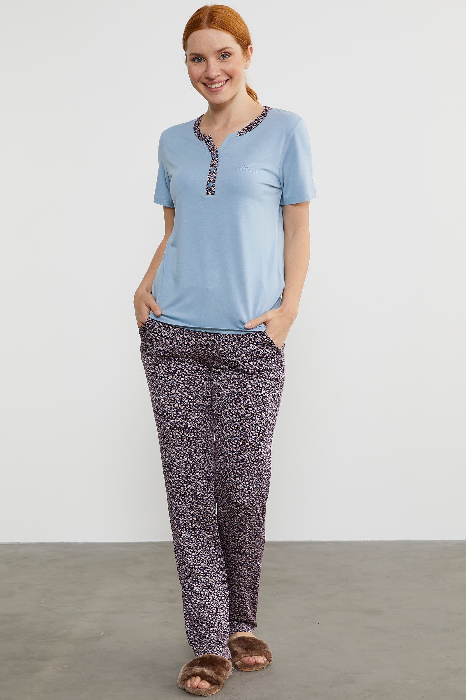 Açık Yaka Düğmeli Pijama Takım - Mavi (1) Sementa