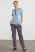 Açık Yaka Düğmeli Pijama Takım - Mavi (2) Sementa