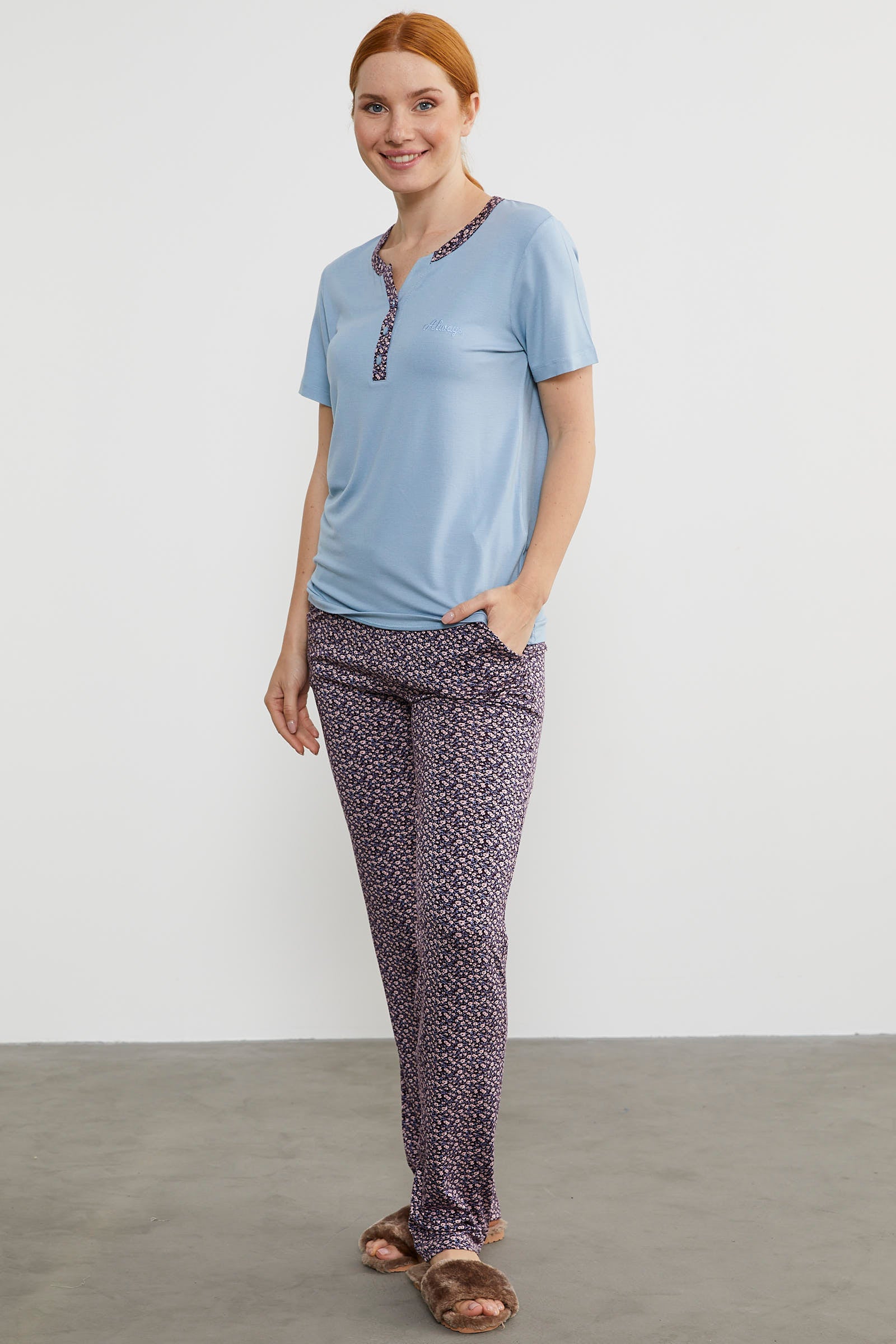 Açık Yaka Düğmeli Pijama Takım - Mavi (4) Sementa