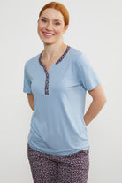 Açık Yaka Düğmeli Pijama Takım - Mavi (5) Sementa