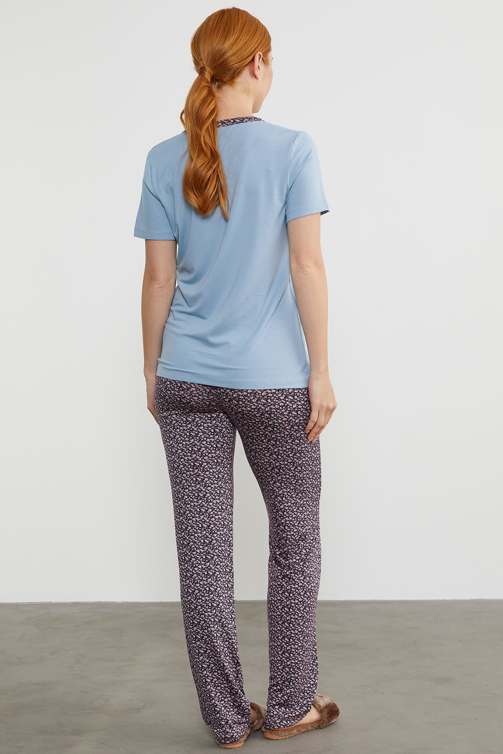 Açık Yaka Düğmeli Pijama Takım - Mavi (7) Sementa
