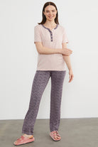 Açık Yaka Düğmeli Pijama Takım - Pudra (3) Sementa