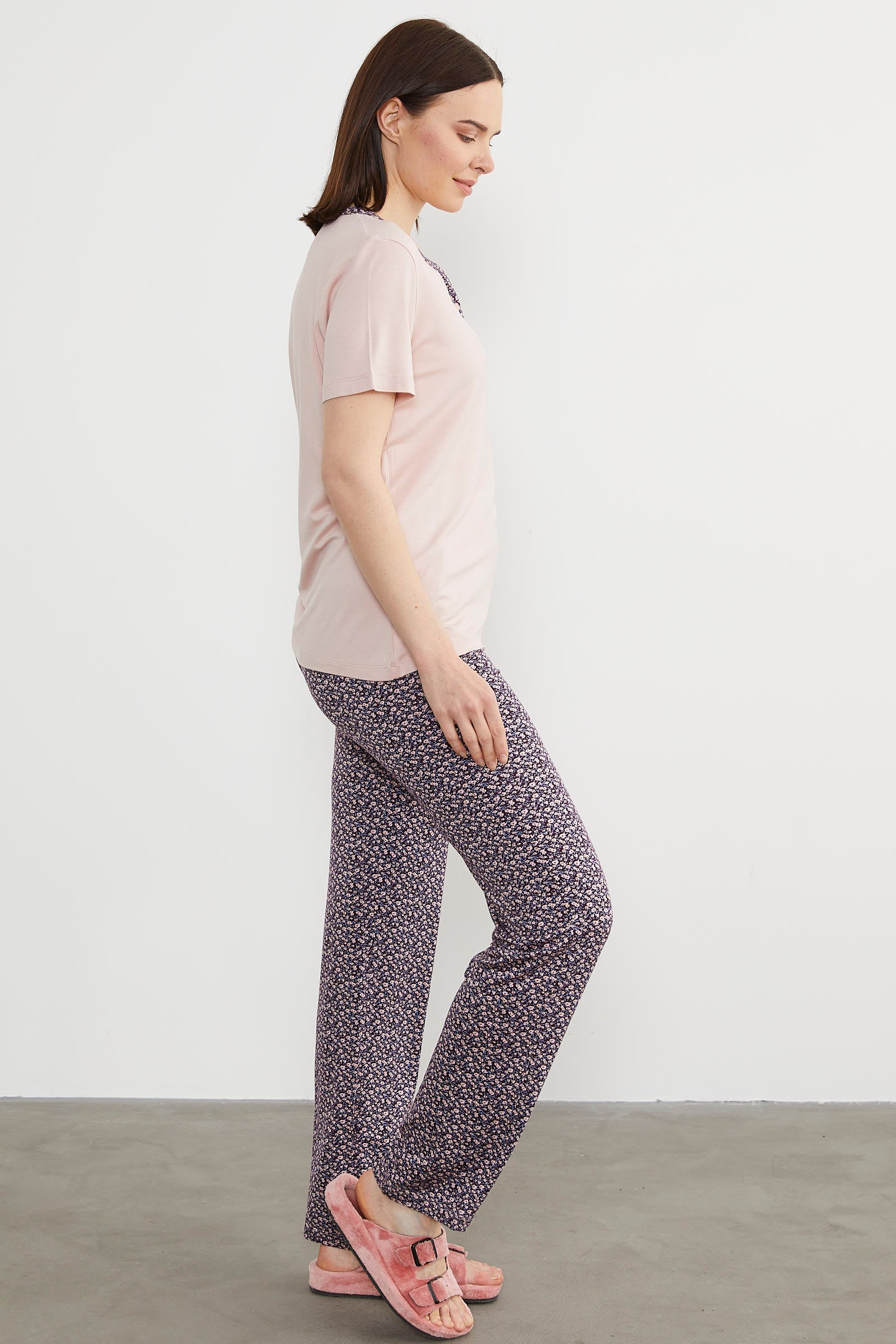 Açık Yaka Düğmeli Pijama Takım - Pudra (5) Sementa