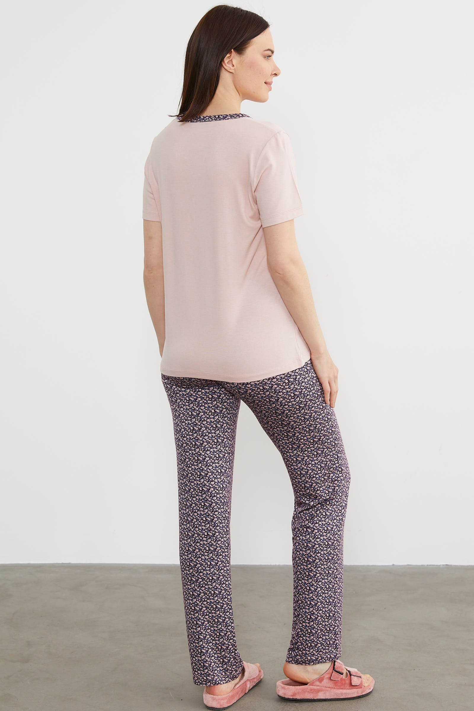 Açık Yaka Düğmeli Pijama Takım - Pudra (6) Sementa