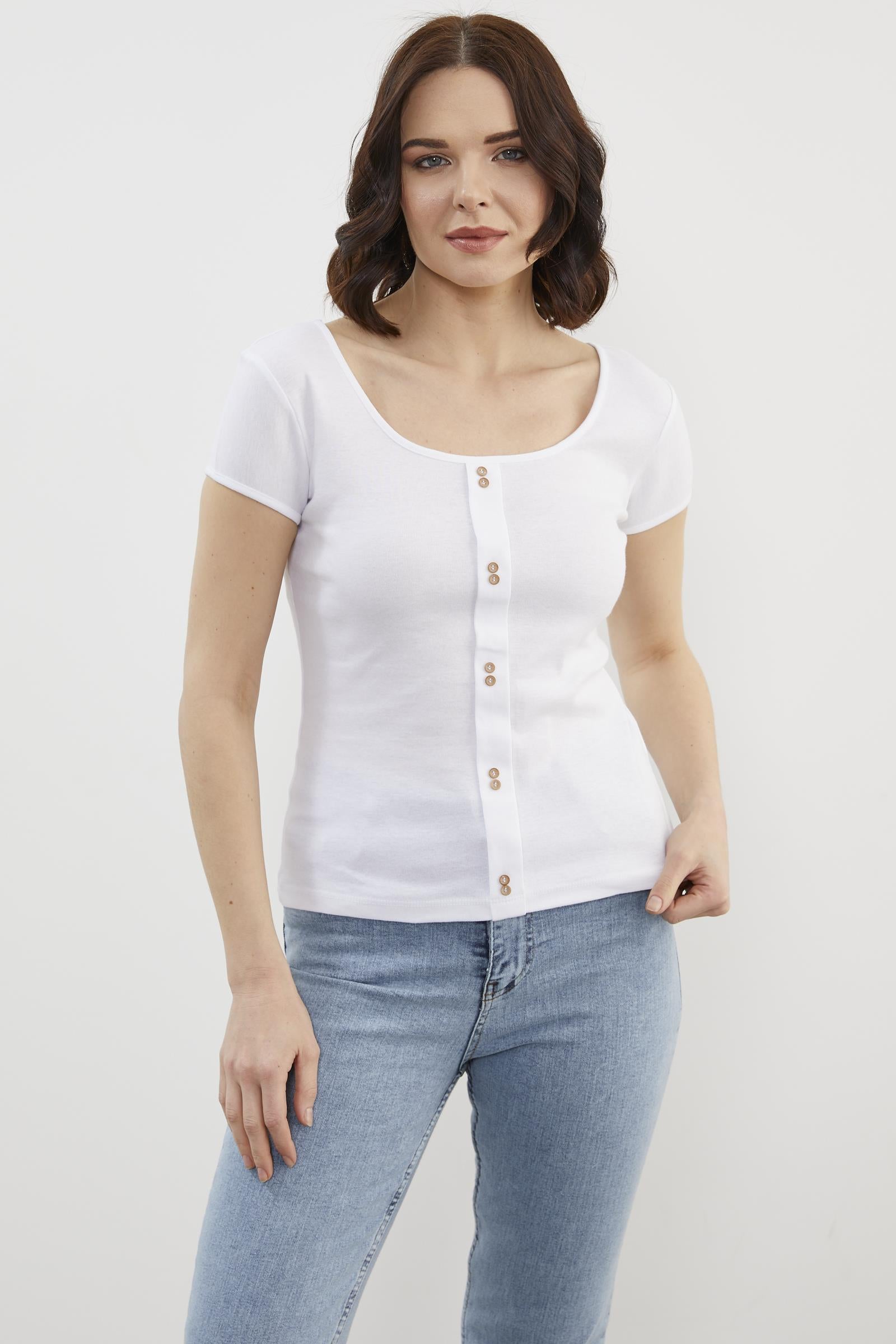 Açık Yaka Düğmeli Tişört - Beyaz (1) Sementa