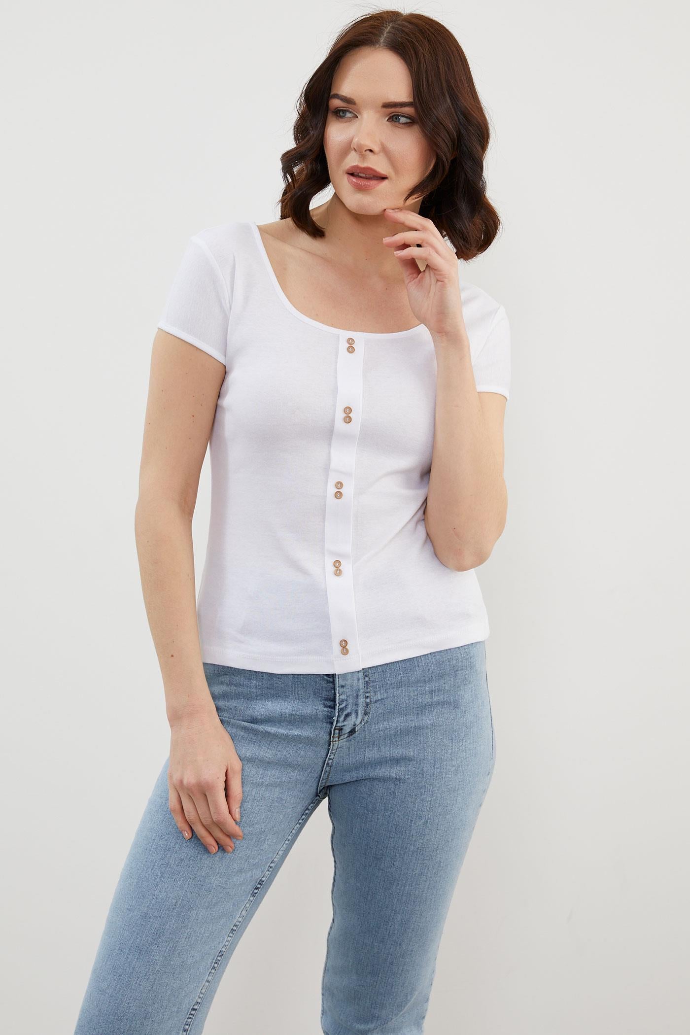 Açık Yaka Düğmeli Tişört - Beyaz (2) Sementa