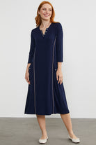 Açık Yaka Şerit Biyeli  Penye Elbise - Lacivert (4) Sementa
