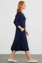 Açık Yaka Şerit Biyeli  Penye Elbise - Lacivert (5) Sementa