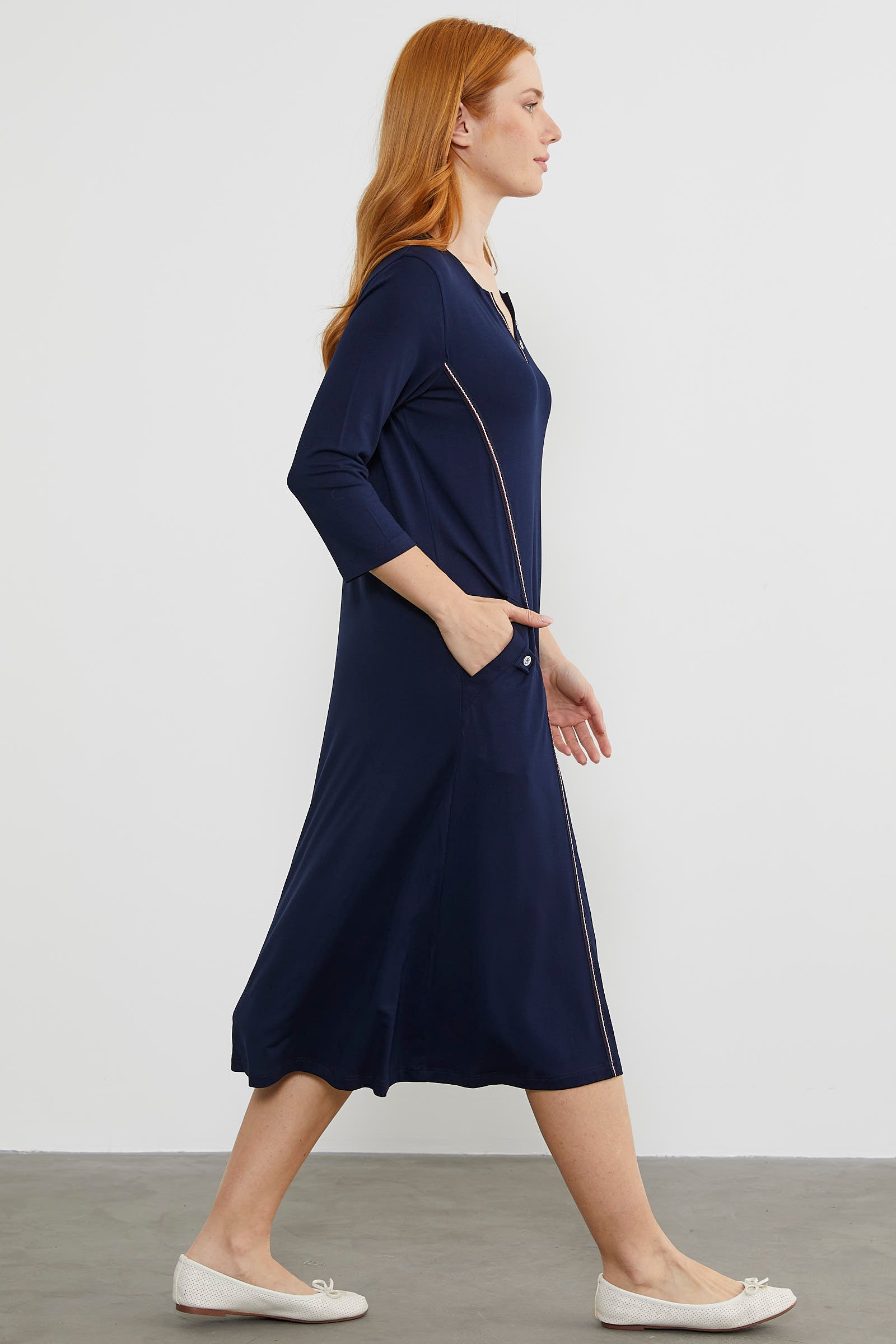 Açık Yaka Şerit Biyeli  Penye Elbise - Lacivert (5) Sementa