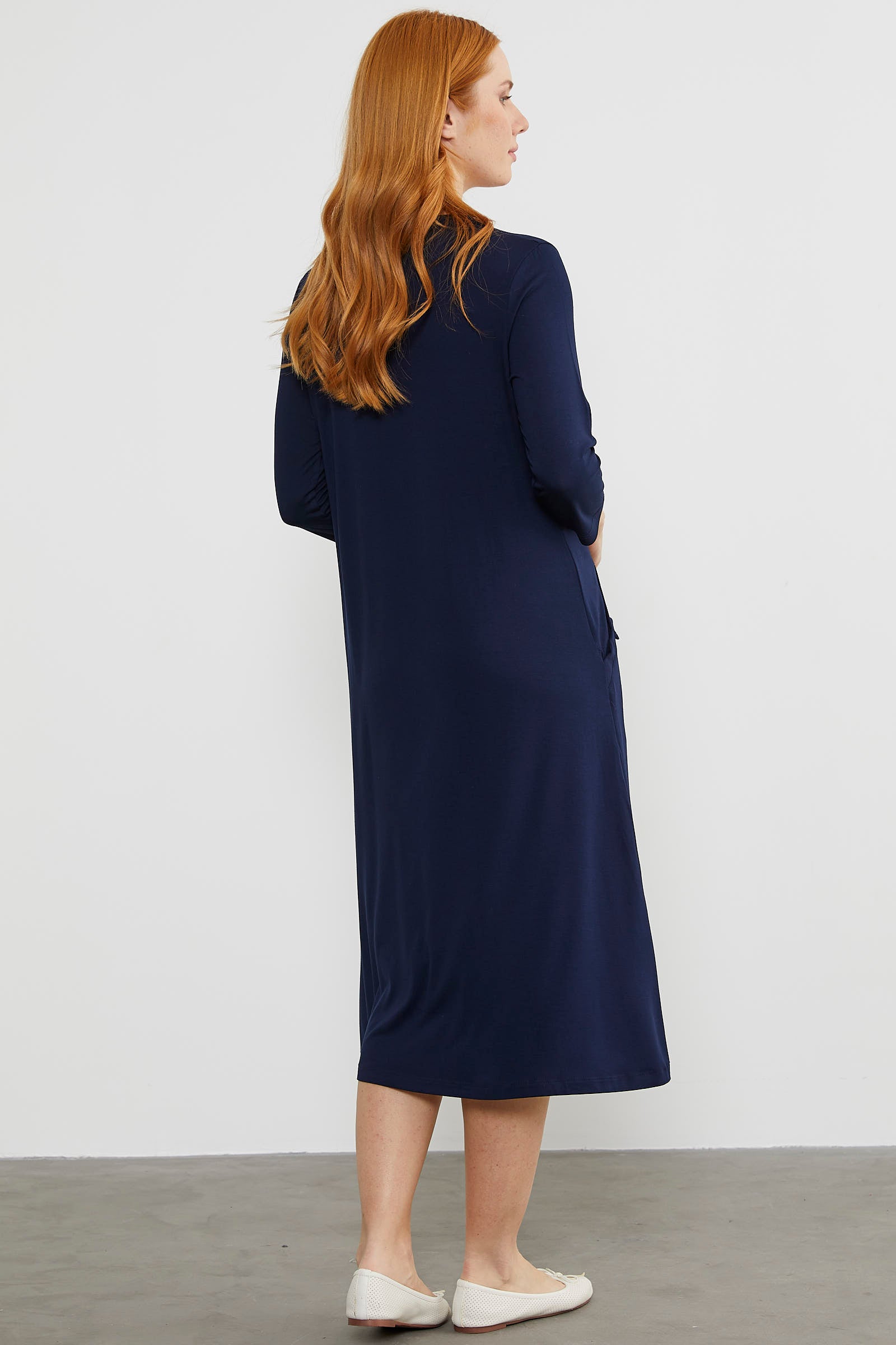 Açık Yaka Şerit Biyeli  Penye Elbise - Lacivert (6) Sementa