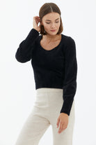 Açık Yaka Yumoş Triko Kazak - Siyah (3) Sementa