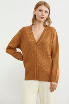 Ajurlu Düğmeli Triko Hırka - Kamel (1) Sementa