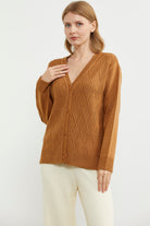 Ajurlu Düğmeli Triko Hırka - Kamel (4) Sementa