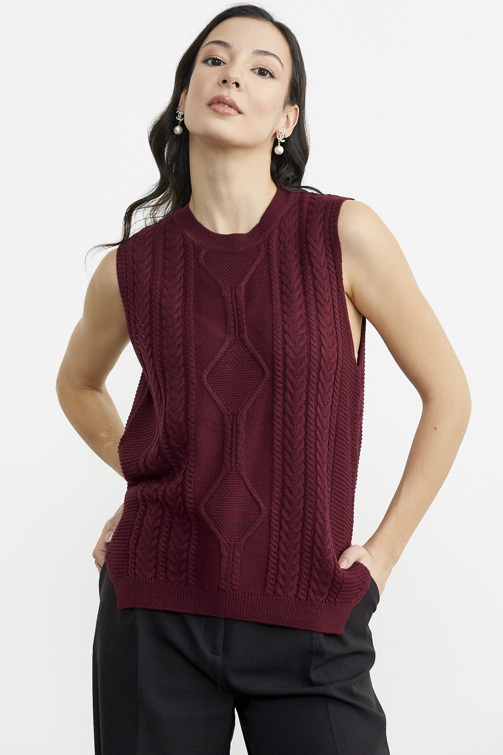 Arkası Uzun Motifli Triko Süveter - Bordo (4) Sementa